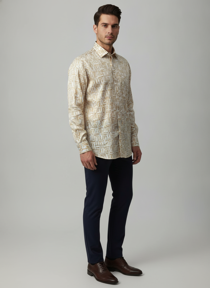 Men'S Poly Satin Lycra Mustard Digital Printed Shirt