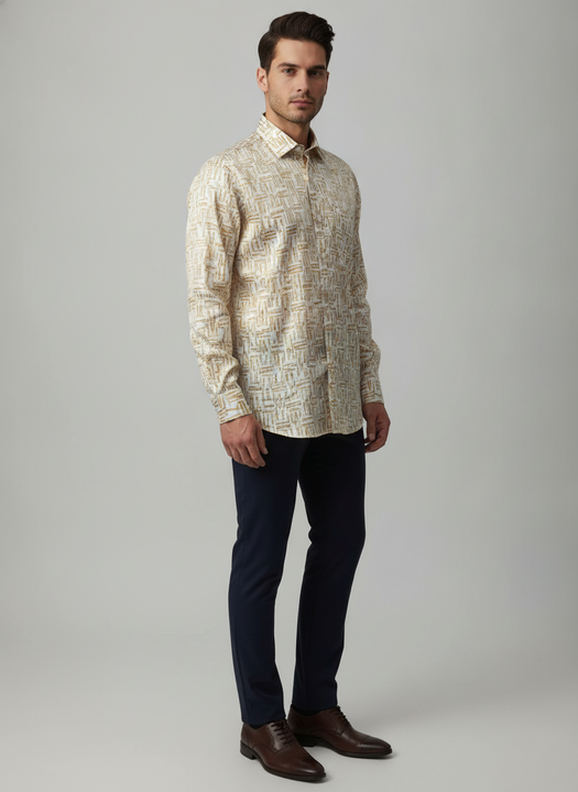 Men'S Poly Satin Lycra Mustard Digital Printed Shirt