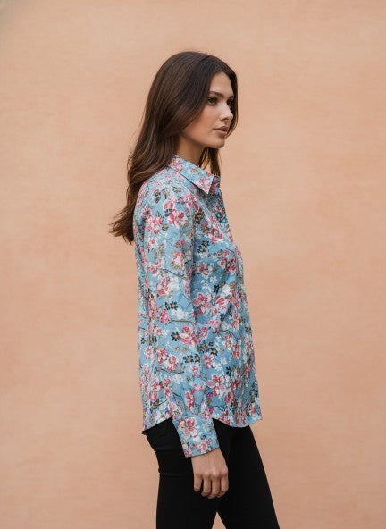 Satin Multicolour Long Length Curved Hem Digital Print Shirt