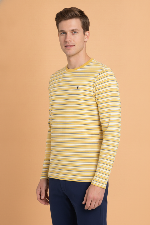 Mens Premium Cotton Striped Full Sleeve Crew Neck T-Shirts