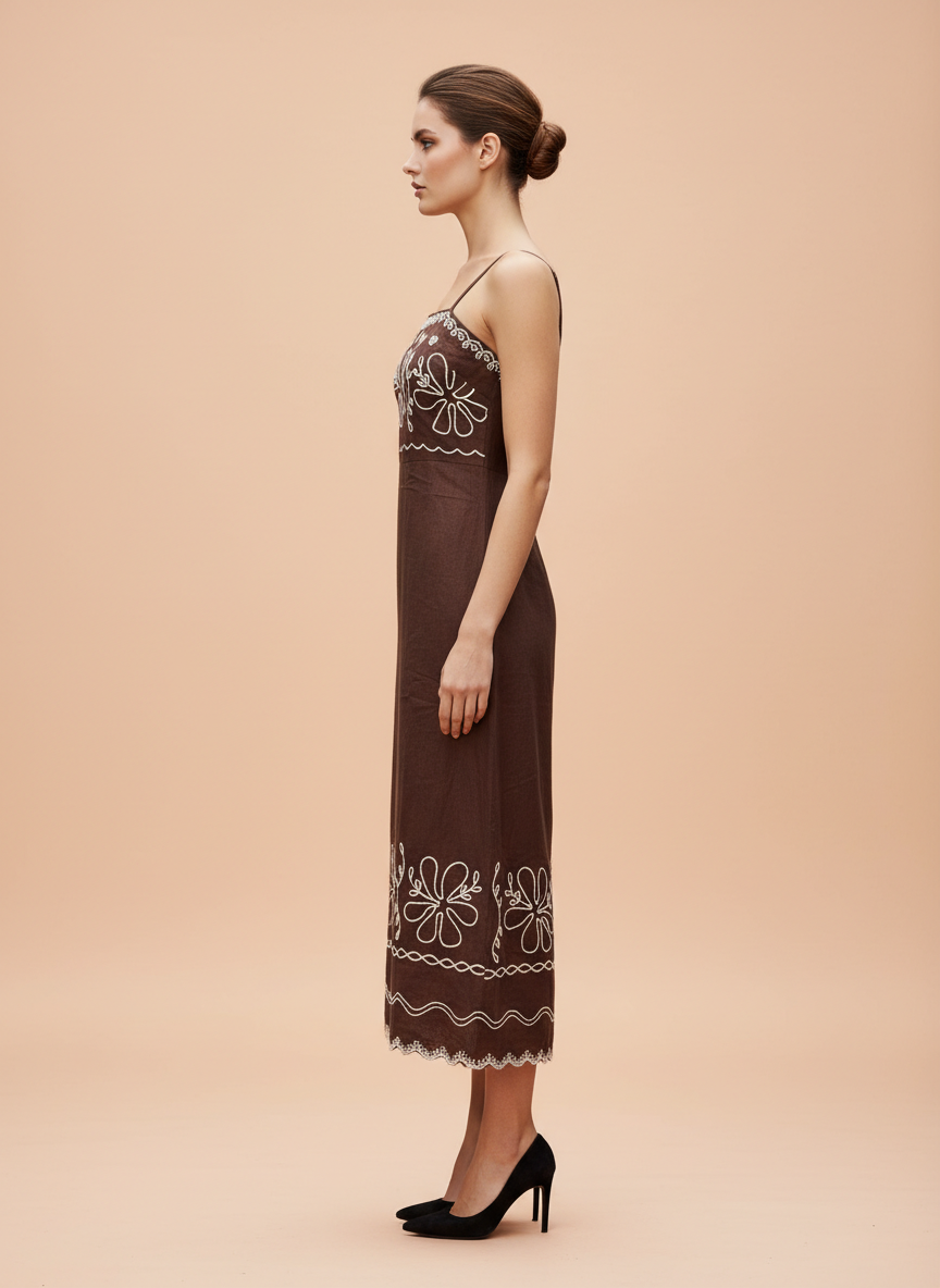 Elegant Brown Embroidered Midi Dress for Women