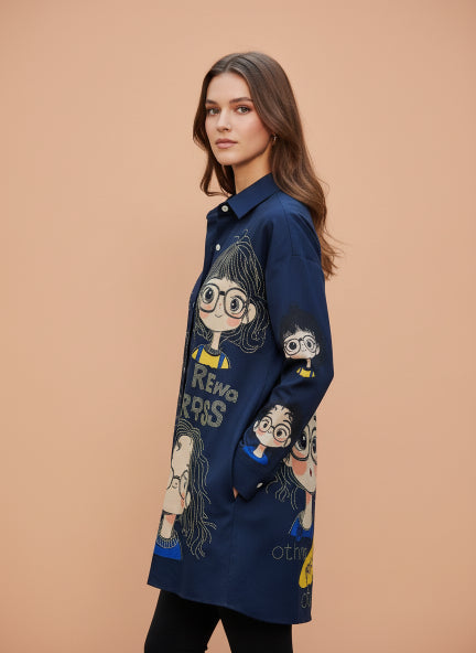 Stylish Navy Blue Printed Long Shirt Tunic for Women