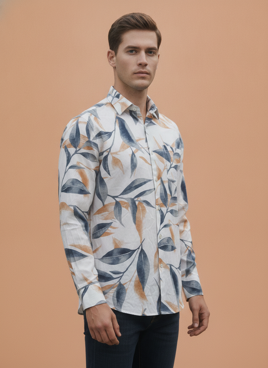 Men'S Premium Rayon Shirt With Blue And Orange Leaf Print