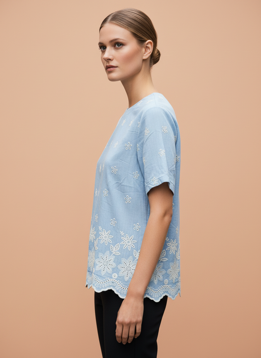 Women's Light Blue Floral Embroidered Cotton Top
