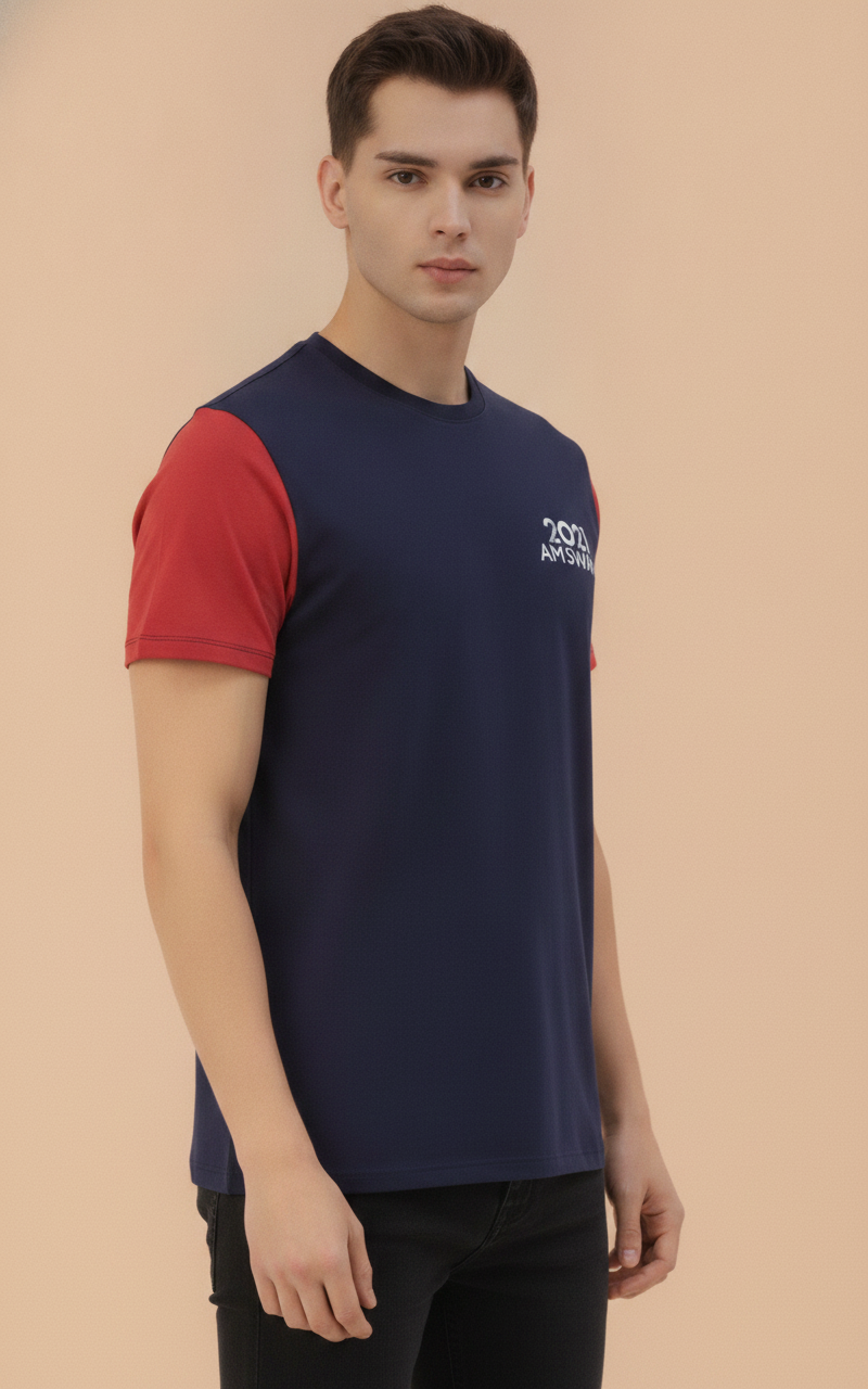 Mens Premium Cotton Lycra Colourblock Half Sleeve Crew Neck T-Shirts
