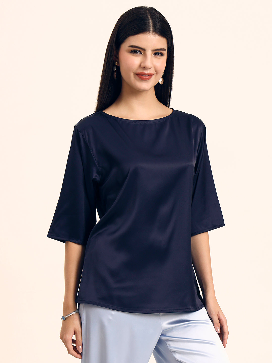 Women's Luxury Elegant Navy European Satin Top