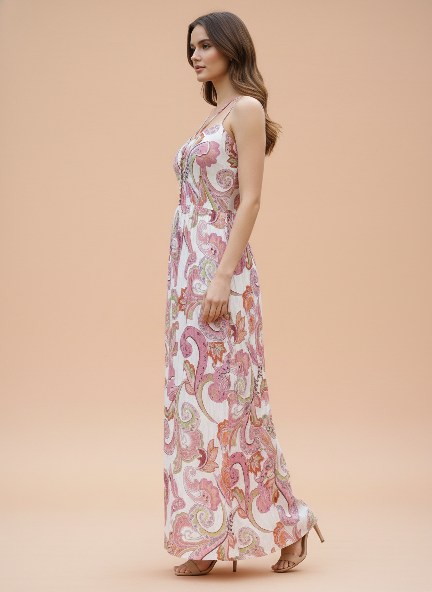 Elegant Paisley Print Maxi Dress for Women – Soft Pastel Summer Dress