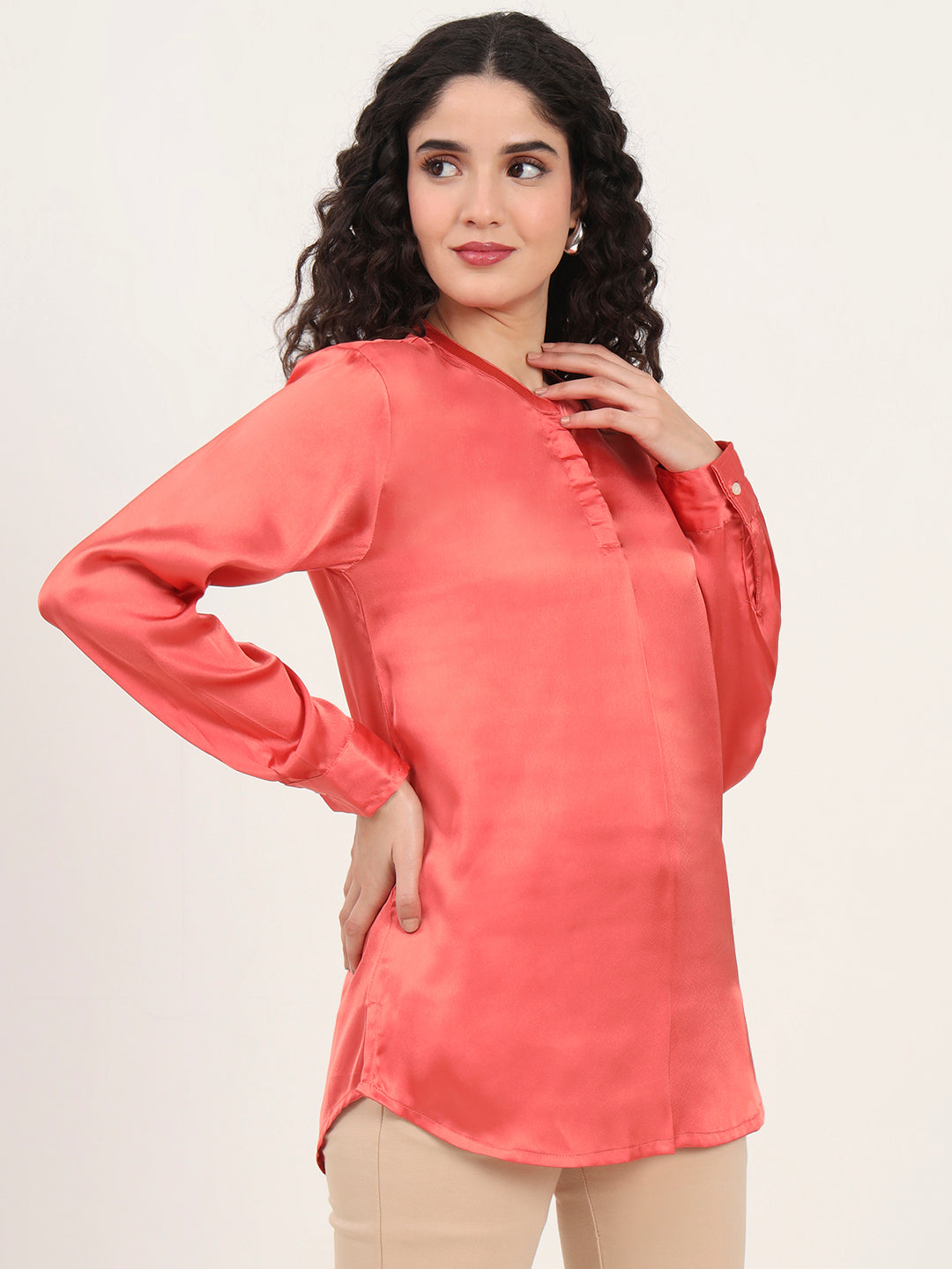 Summer Satin Coral Front Pleated Tunic