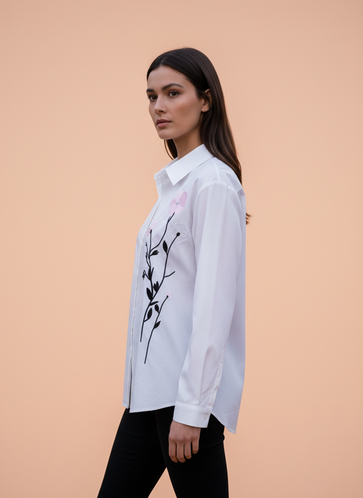 Elegant Floral Embroidered White Shirt for Women