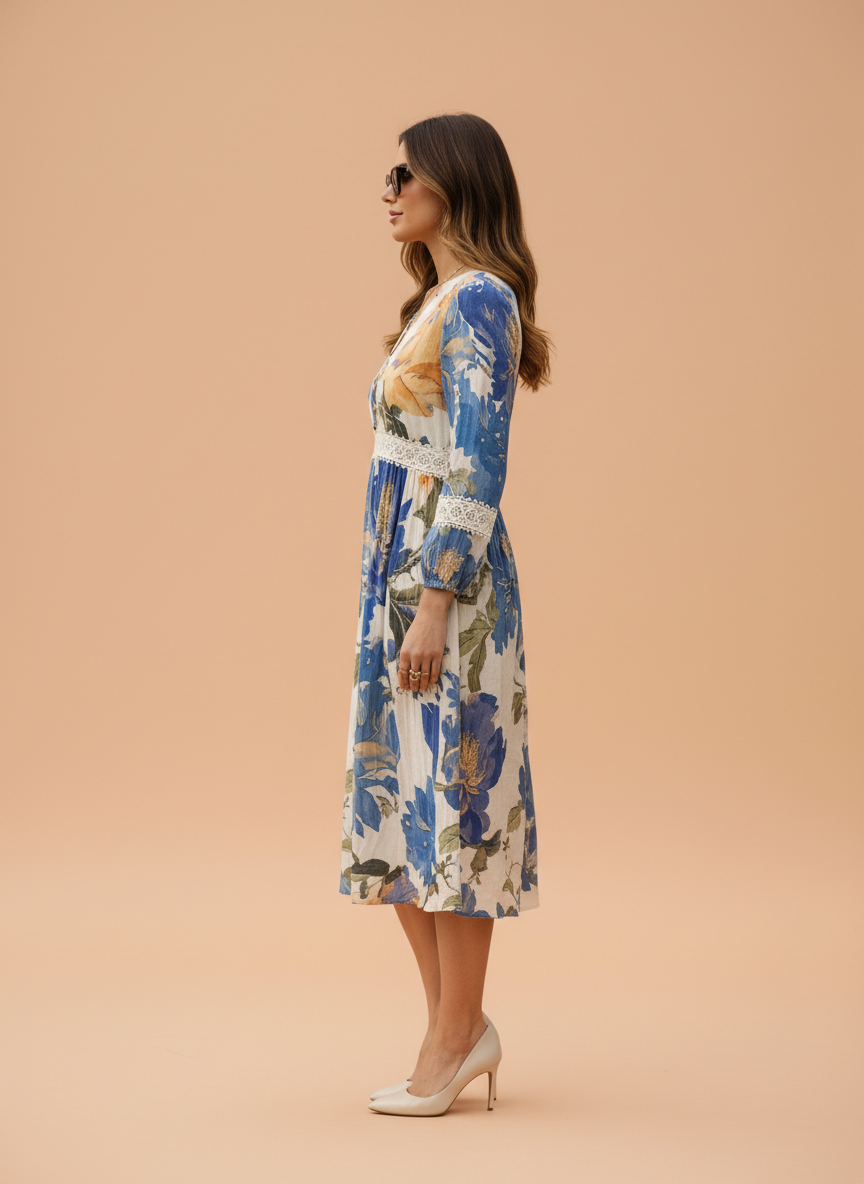 Women’s Floral Printed A-Line Midi Dress with V-Neck & Lace Detail
