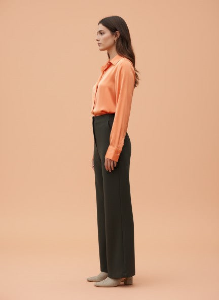 Banana Crepe Olive Flared Trouser With Slash Pocket