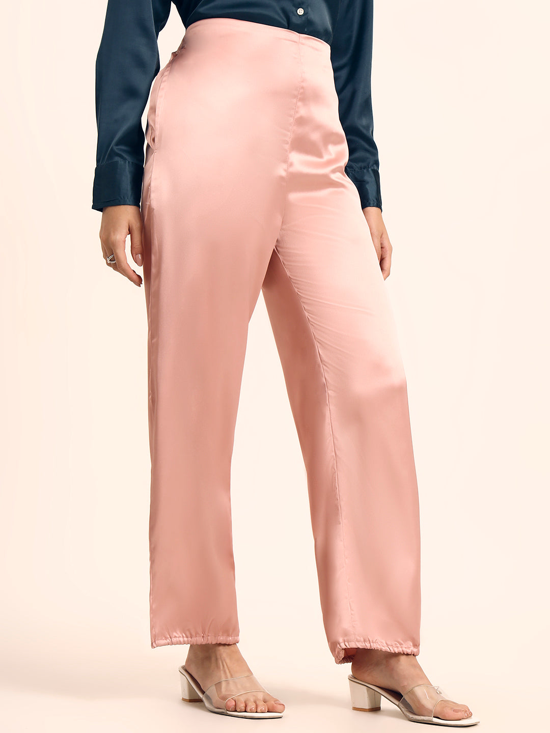 Luxury Satin Wide Leg Pants European Fabric  Blush Pink Glam Look