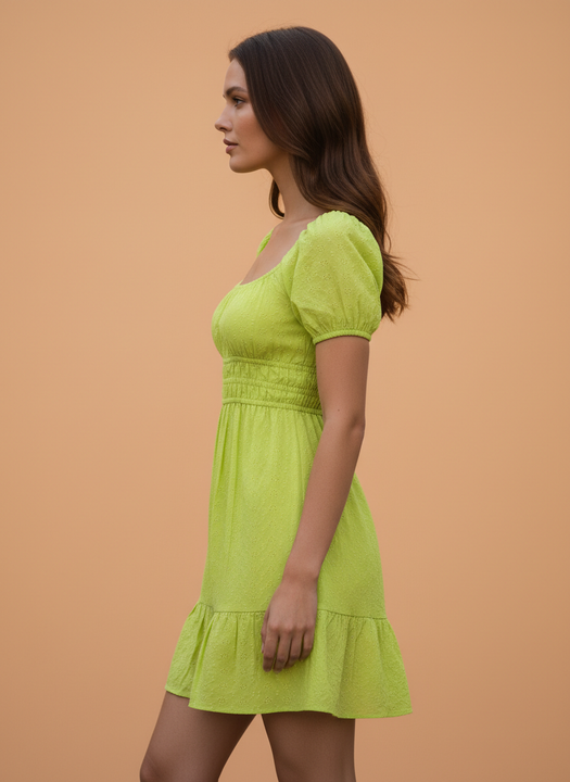 Lime Green Square Neck Puff Sleeve Mini Dress
