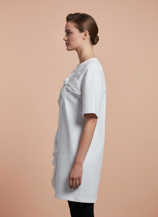 Elegant White Floral Applique Oversized T-Shirt for Women
