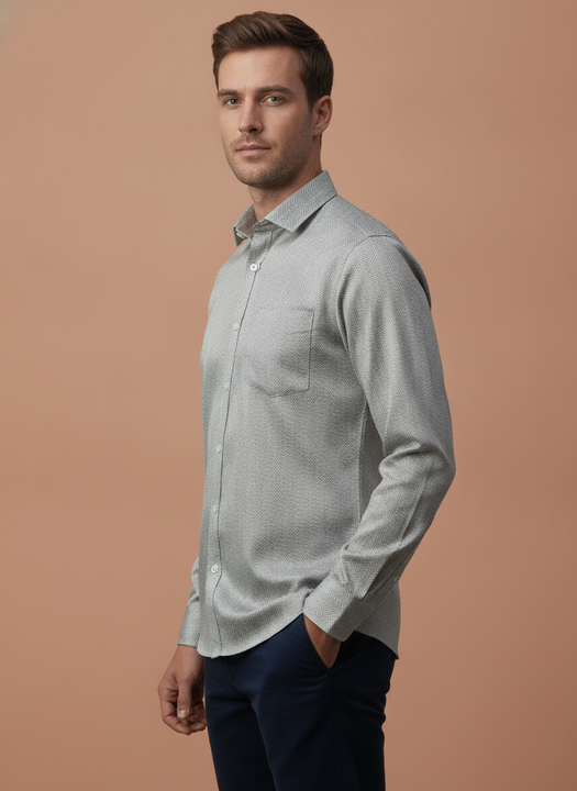 Men'S Poly Satin Lycra Grey Digital Printed Shirt