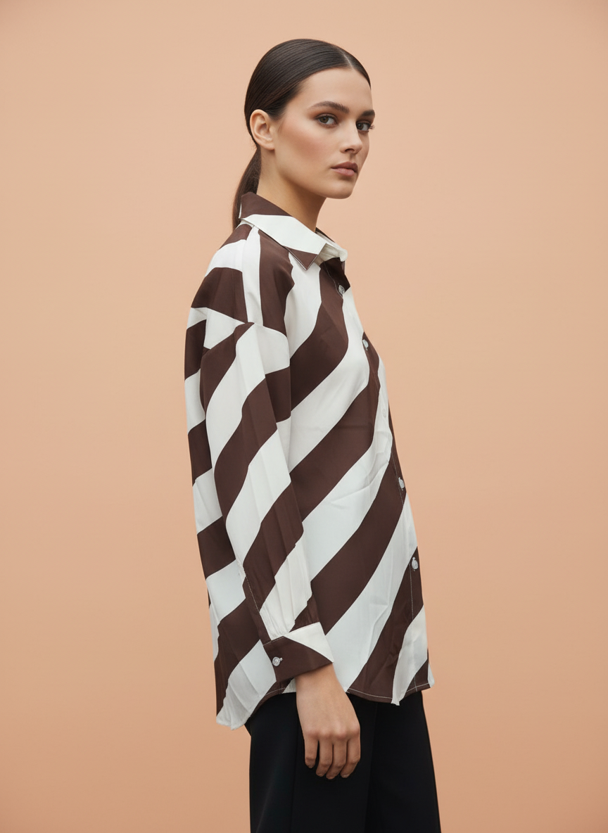 Women Brown & White Diagonal Stripe Button Down Shirt