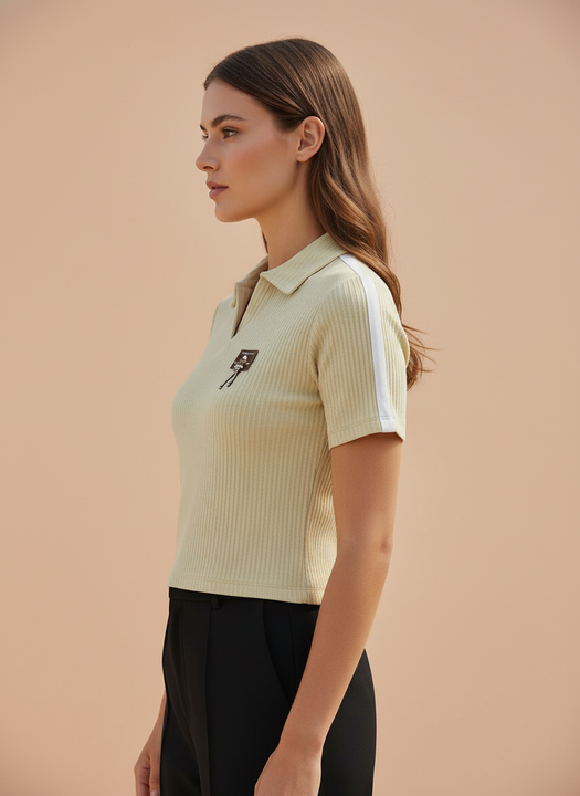 Beige Yellow Ribbed Knit Polo T-Shirt