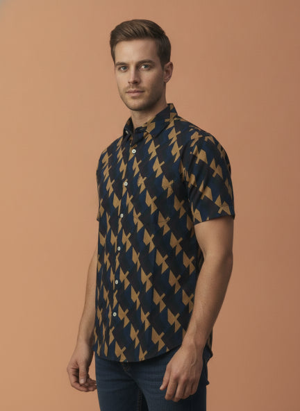 Navy Geometric Print Premium Cotton Shirt