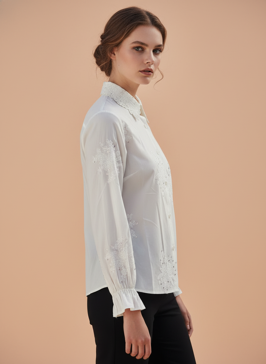 White Lace Embroidered Shirt for Women
