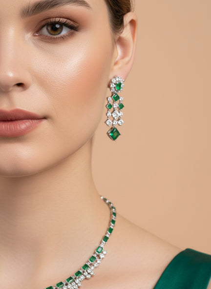 Green Emerald Cubic Zirconia Necklace & Earrings Set for Women