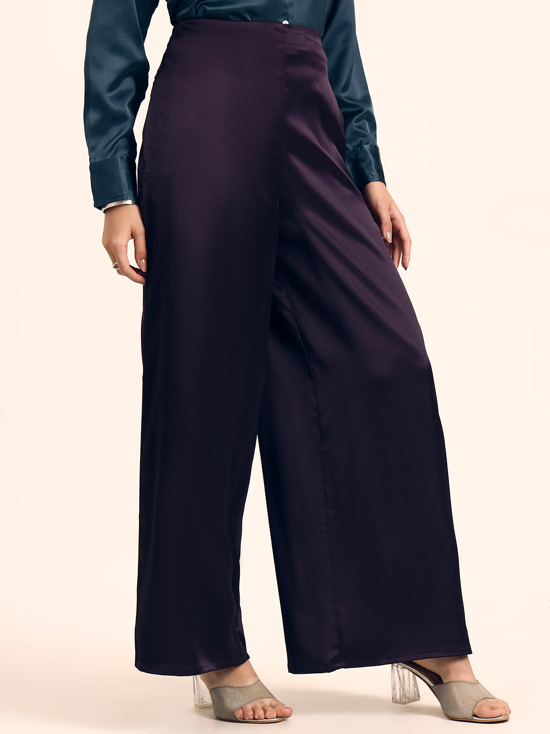 Luxury Satin Wide Leg Pants European Fabric  Plum Wine Glam Look