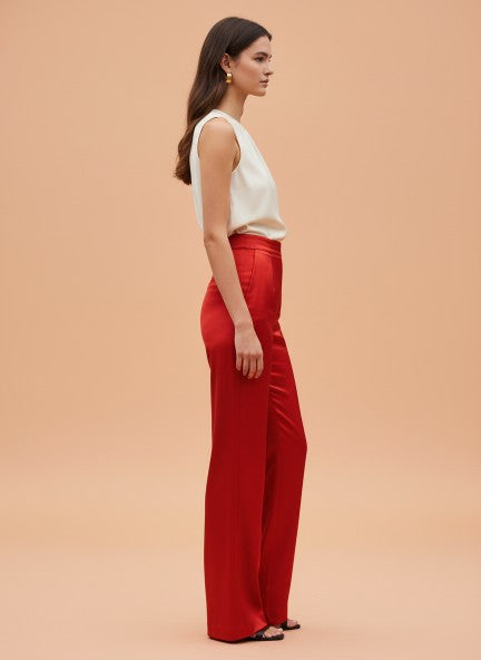Satin Wide Leg Pants European Fabric  Red Glam Look