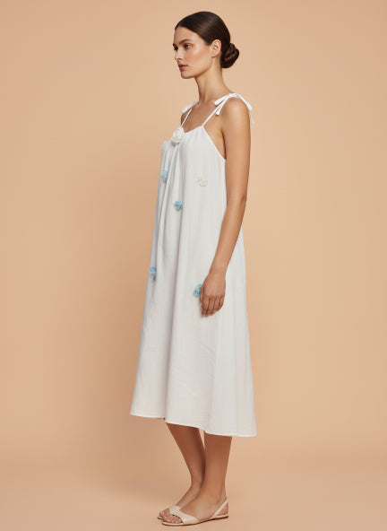 Elegant Floral Detail White A-Line Midi Dress
