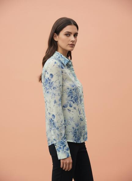 Premium Chiffon Blue And White Regular Length Straight Hem Digital Print Shirt