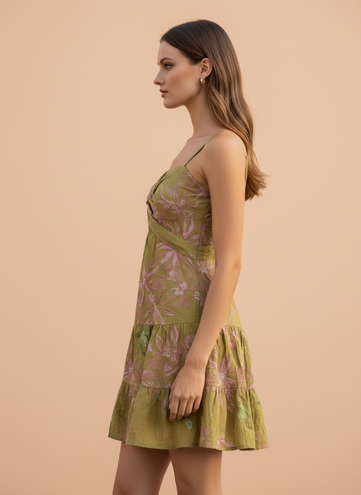 Olive Blossom Floral Mini Dress
