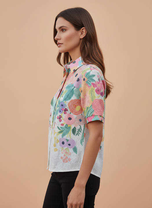 Multi Floral Printed Women Short Sleeve Shirt