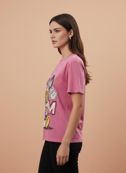 Cute Cartoon Graphic Printed Pink T-Shirt for Women