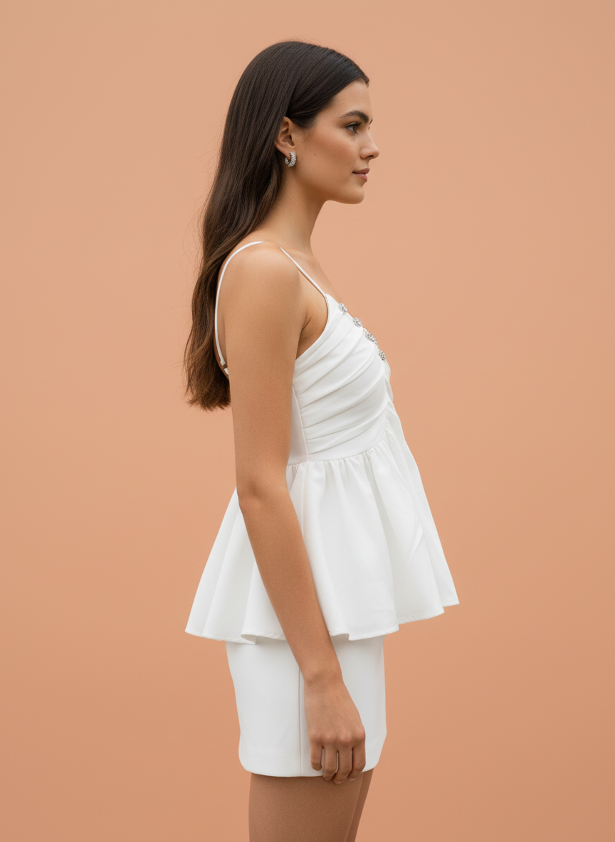 White Peplum Camisole Top with Rhinestone Embellished Neckline