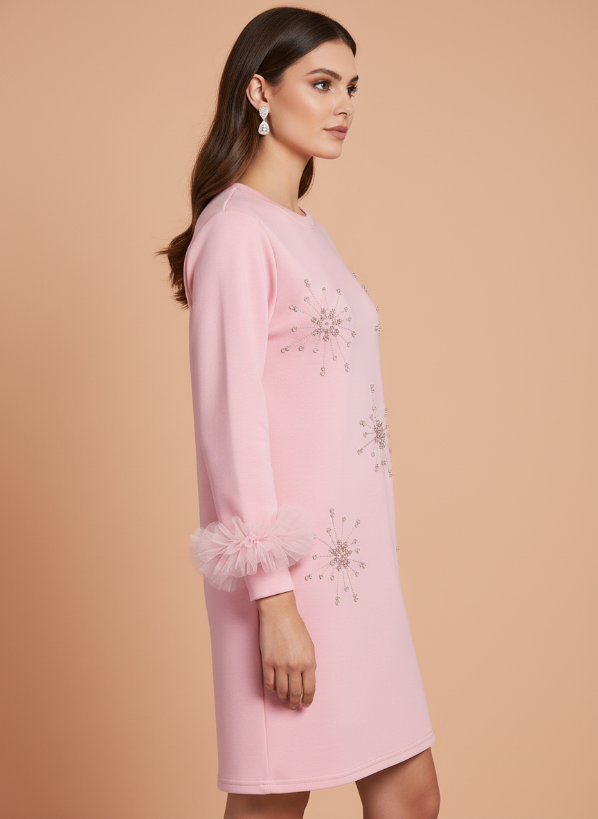 Elegant Pink Embellished Shift Dress with Ruffle Sleeves