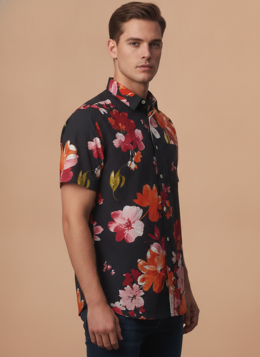 Black Floral Print Premium Rayon Shirt
