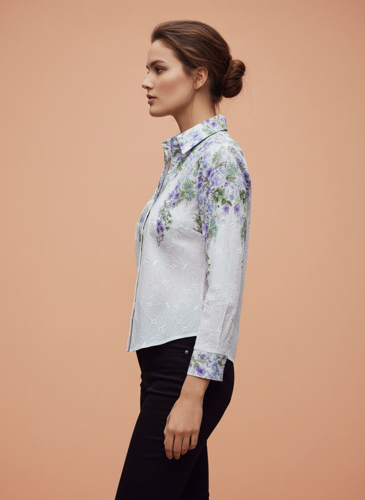 White Purple Floral Embroidered Shirt for Women