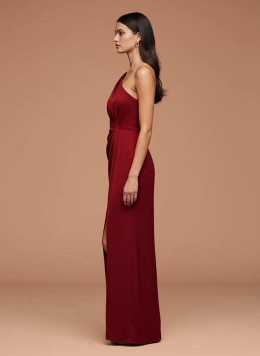 Women's Luxury One-Shoulder European Satin Dress Crimson Red