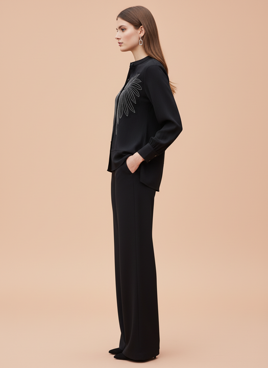 Elegant Black Embellished Shirt & Wide-Leg Pants Set