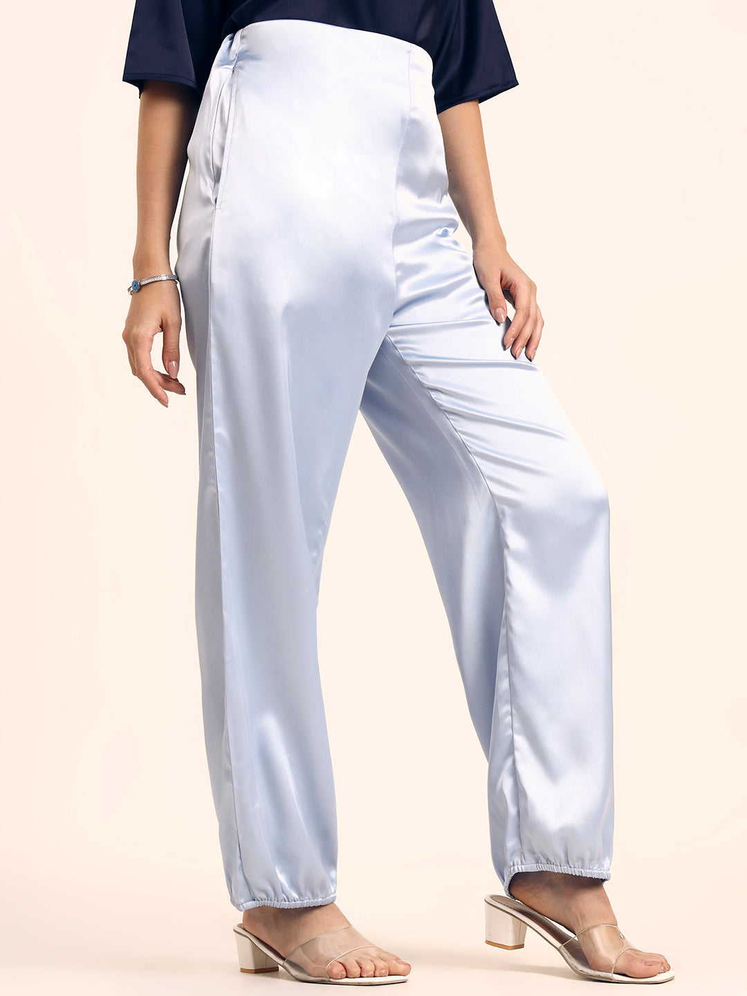 Luxury Satin Wide Leg Pants European Fabric  Ice Blue Glam Look