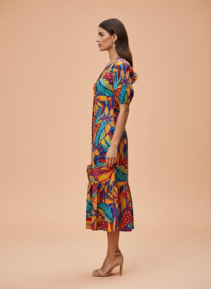Rayon Printed Puff Sleeve A Line Front Button Maxi Dress