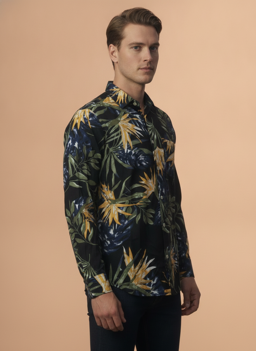 Men'S Premium Rayon Shirt With Jungle Print In Full Sleeve And Black Color