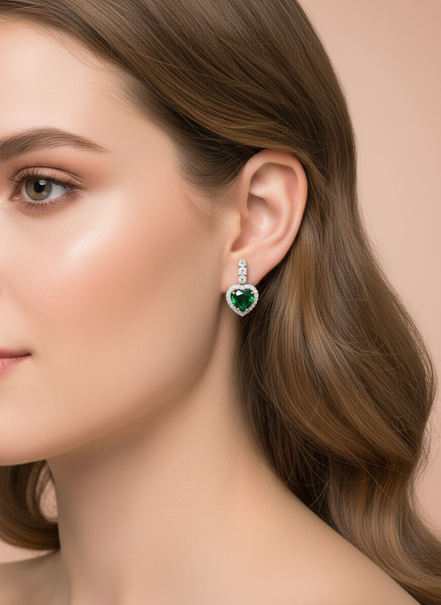 Classic Emerald Heart Cubic Zirconia Pendant Necklace & Earrings Set