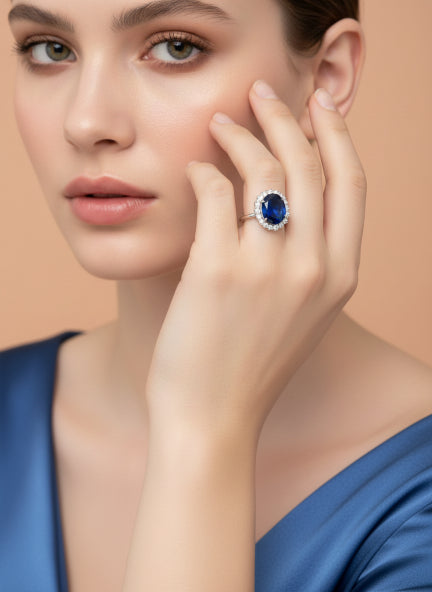 Blue Cubic Zirconia Halo Ring & Tennis Bracelet Set for Women