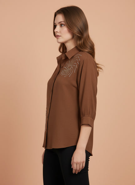 Brown Beaded Spiral Linen Shirt |