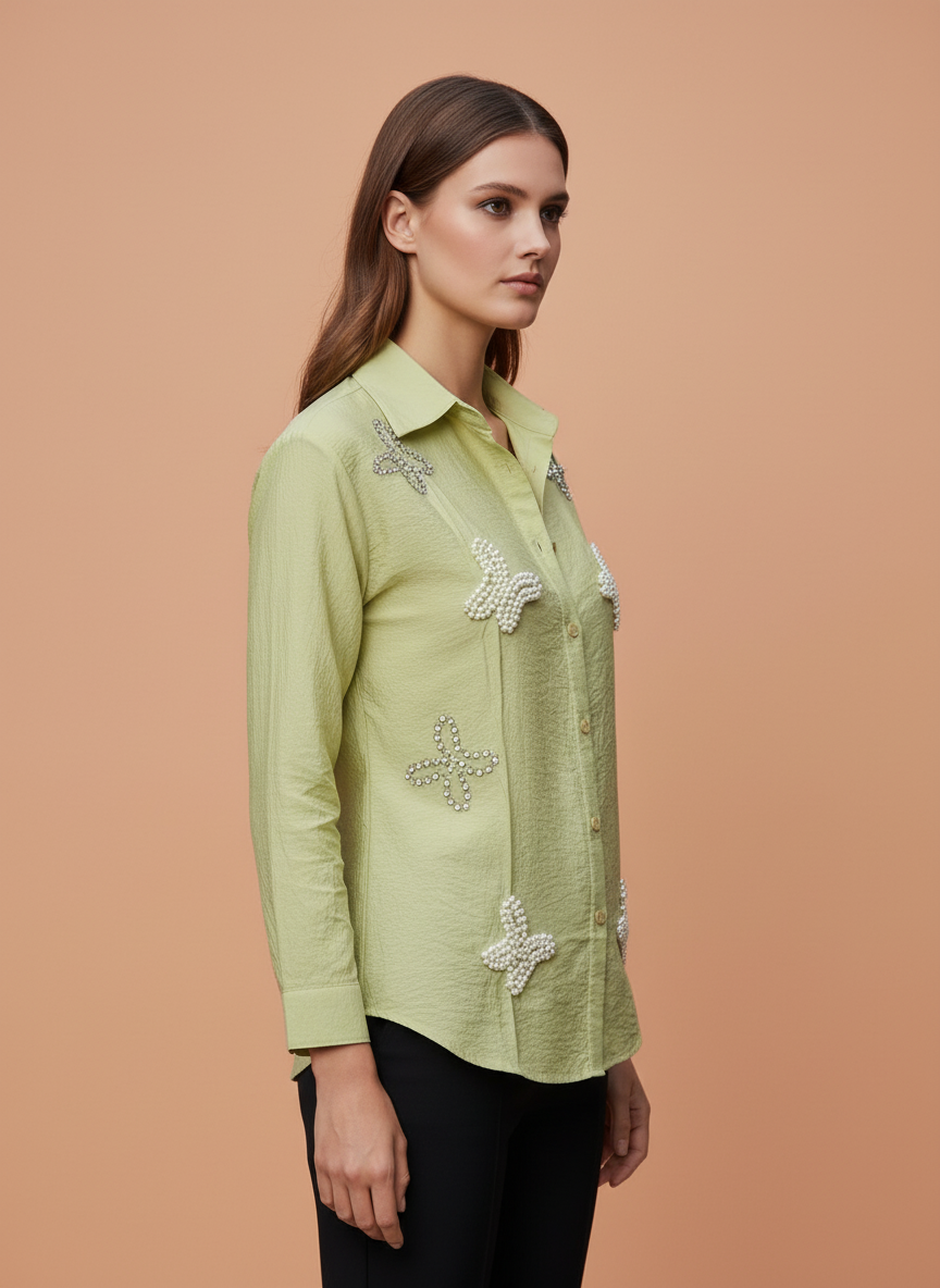 Lime Grace Pearl Embellished Designer Shirt