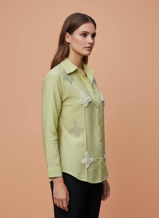 Lime Grace Pearl Embellished Designer Shirt