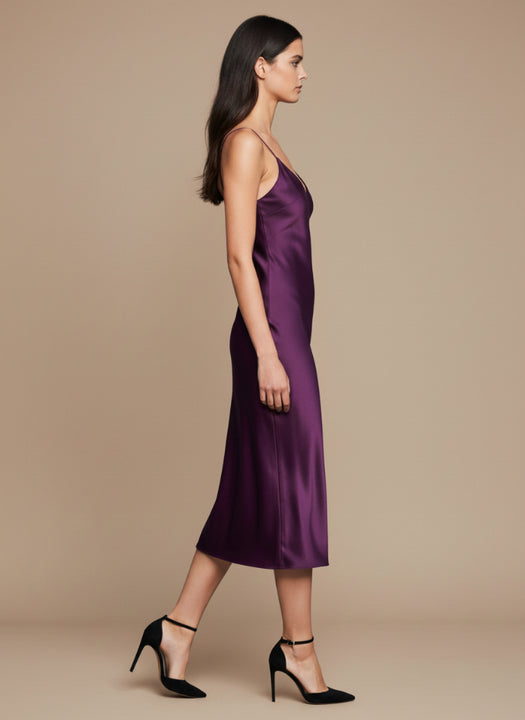 Women’s Luxury Satin Midi Dress Deep Plum Spaghetti Strap