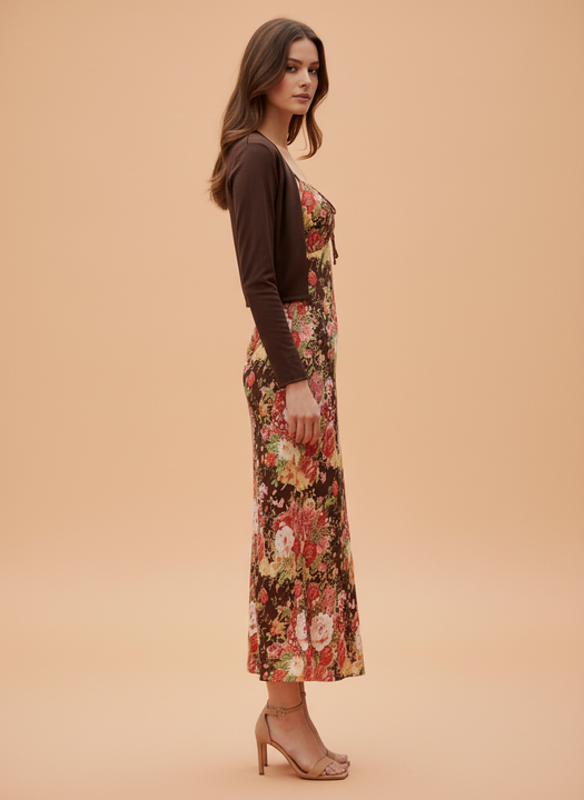 Elegant Floral Midi Dress with Shrug  Stylish Women’s Casual & Party Wear
