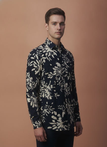 Men'S Premium Rayon Shirt With Black Floral Print
