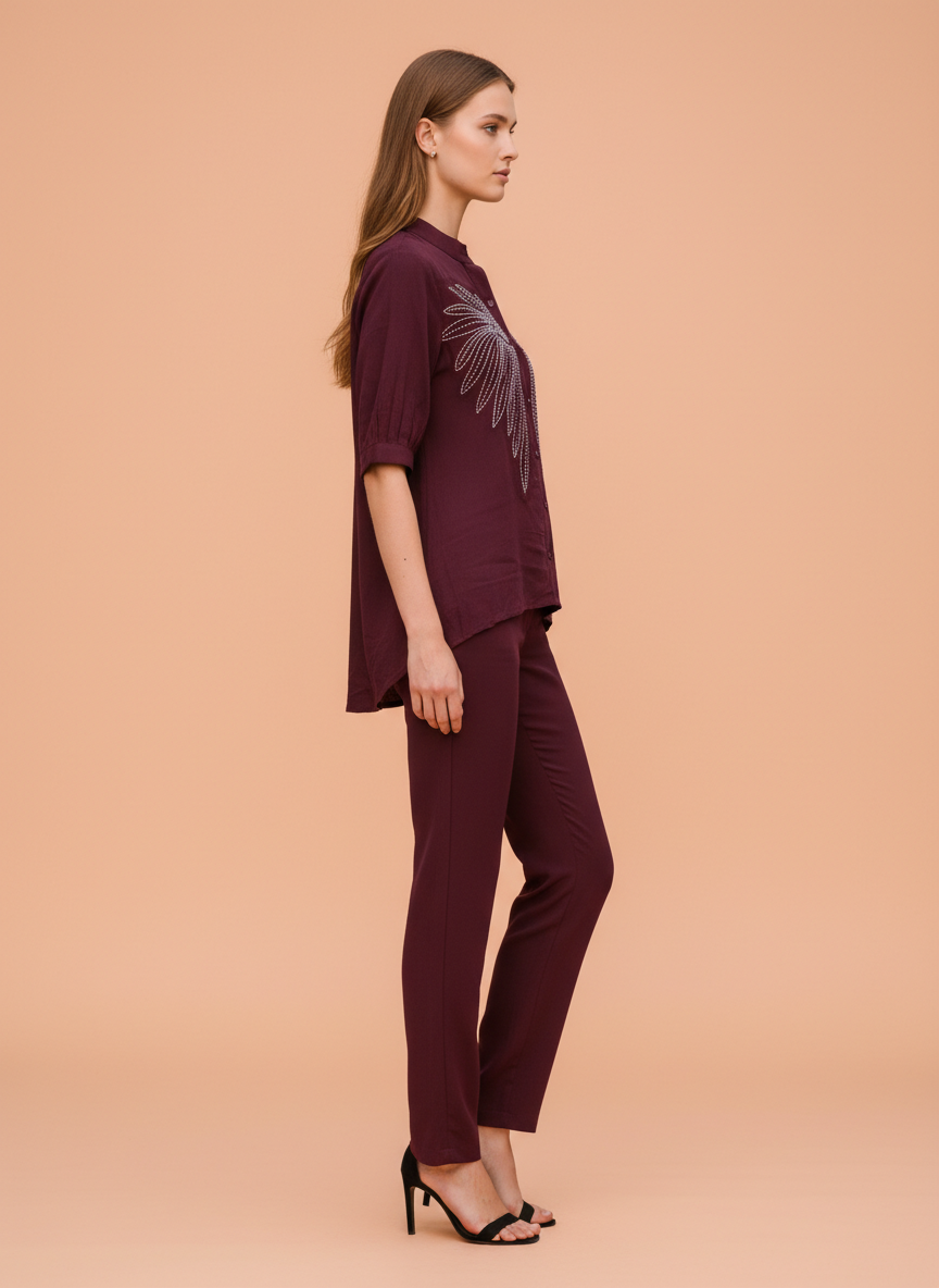 Elegant Burgundy Co-ord Set with Embroidered Detail