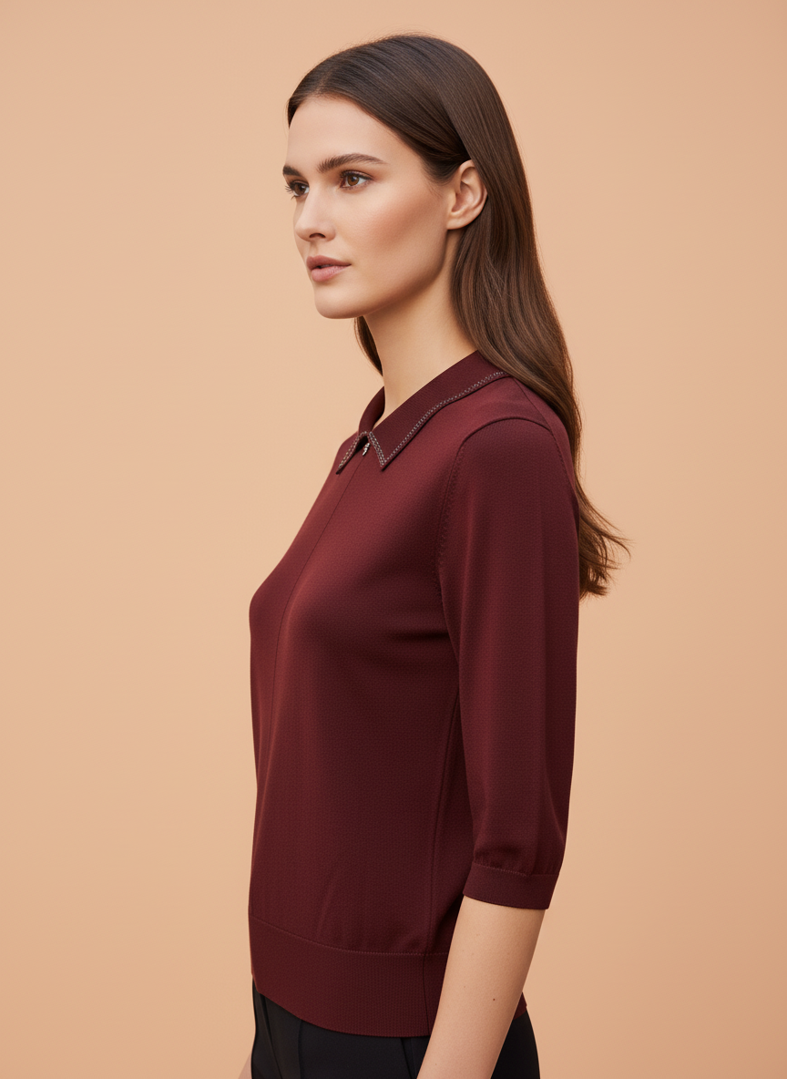 Maroon Knit Top with Embellished Peter Pan Collar